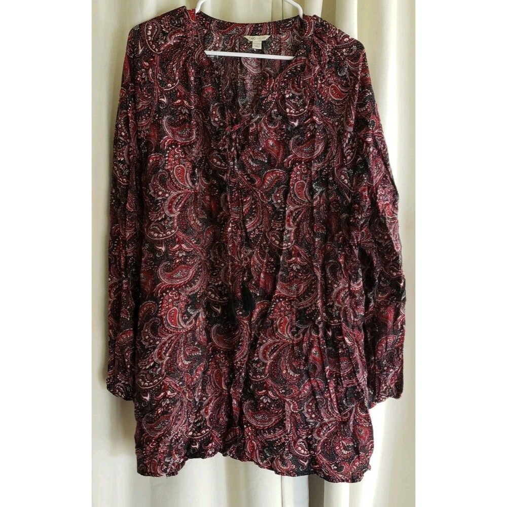 Cato Women’s Plus Size 22/24W Paisley Peasant Blouse Red Black Boho Tassel Tunic